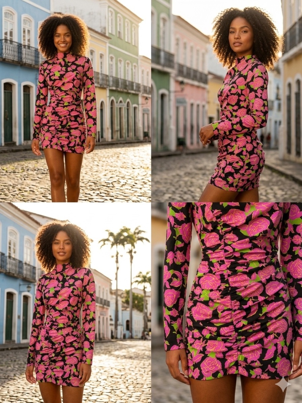 Zara Floral Long-Sleeve Mock Neck Mini Dress - Pink/Black small
